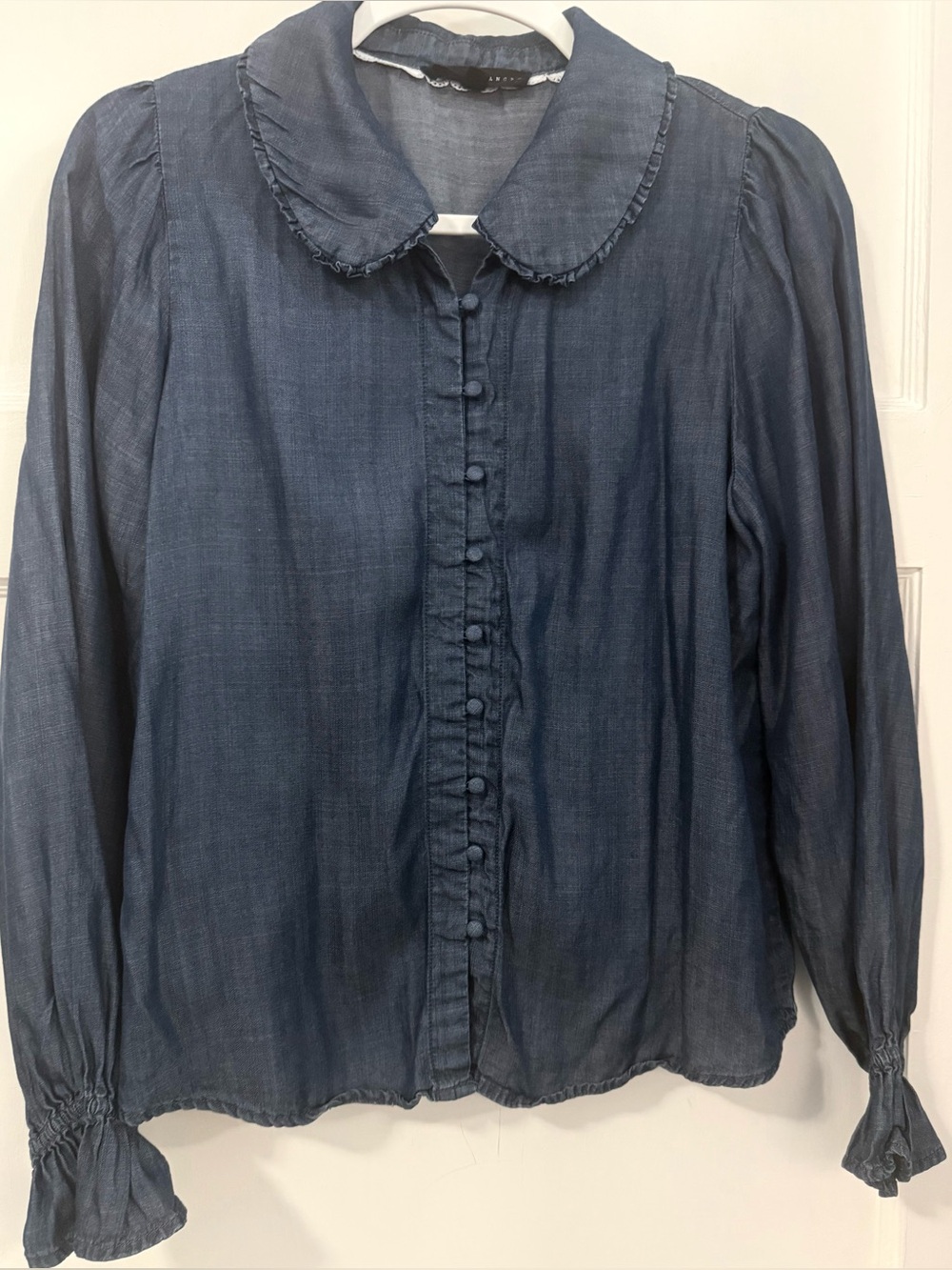 Blue Denim-Look Ruffle Button-Up Blouse
